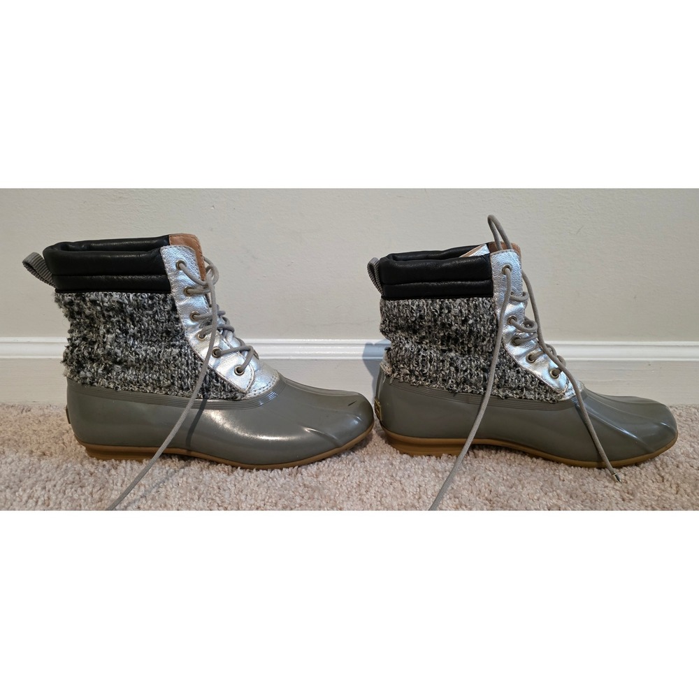 Sam Edelman Womens Grey Tweed Metallic Silver Leather Lace Up Duck Boots Size 9